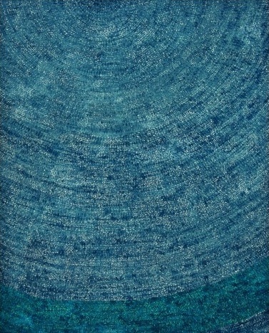 Kim Whanki, 19-VI-71 #206: concentric blue dots above an emerald-toned band.