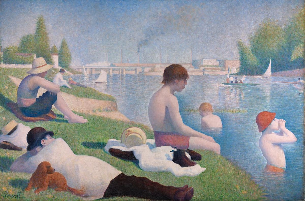 Georges Seurat, Bathers at Asnières: figures resting beside the river.